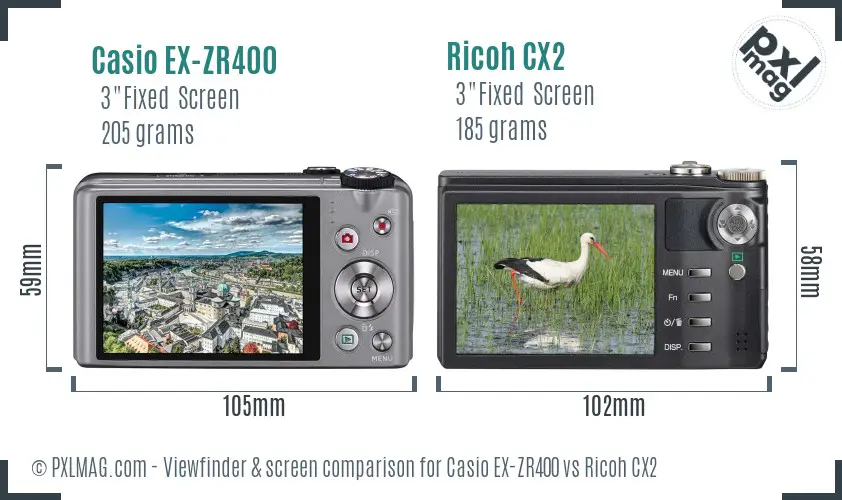 Casio EX-ZR400 vs Ricoh CX2 Screen and Viewfinder comparison