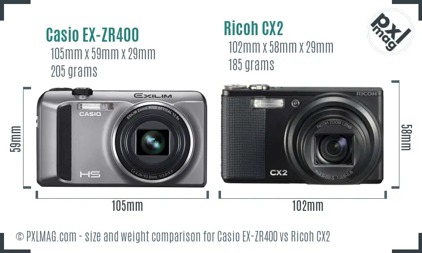 Casio EX-ZR400 vs Ricoh CX2 size comparison