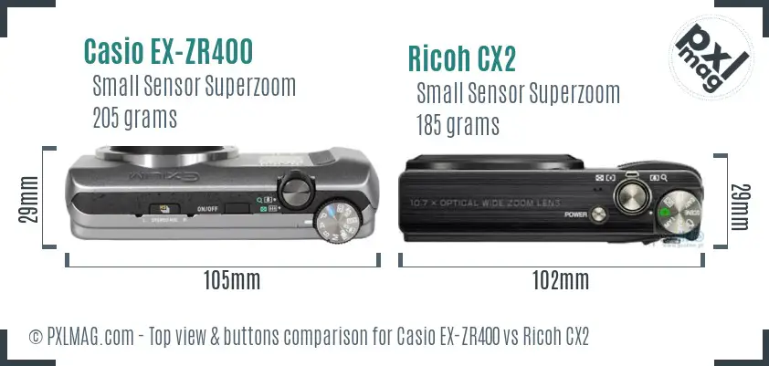 Casio EX-ZR400 vs Ricoh CX2 top view buttons comparison