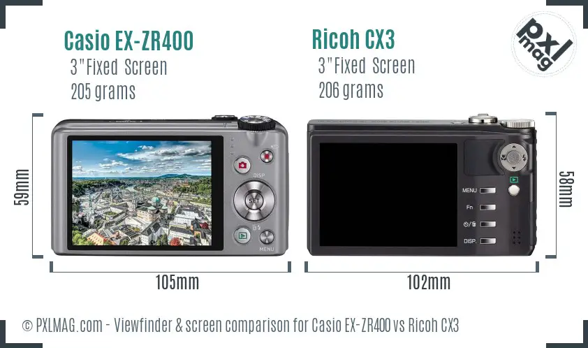 Casio EX-ZR400 vs Ricoh CX3 Screen and Viewfinder comparison