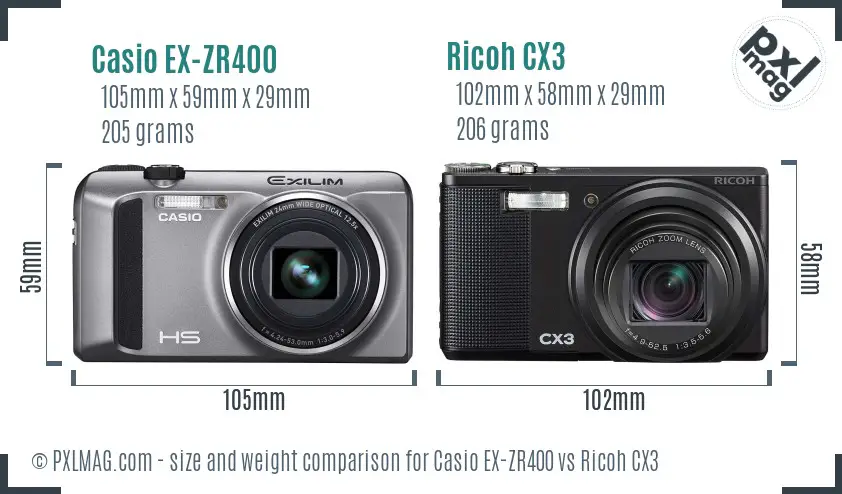 Casio EX-ZR400 vs Ricoh CX3 size comparison