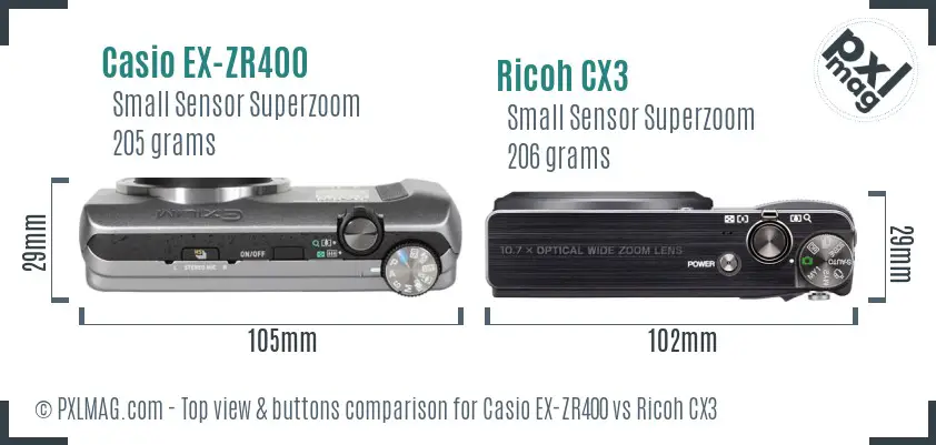 Casio EX-ZR400 vs Ricoh CX3 top view buttons comparison