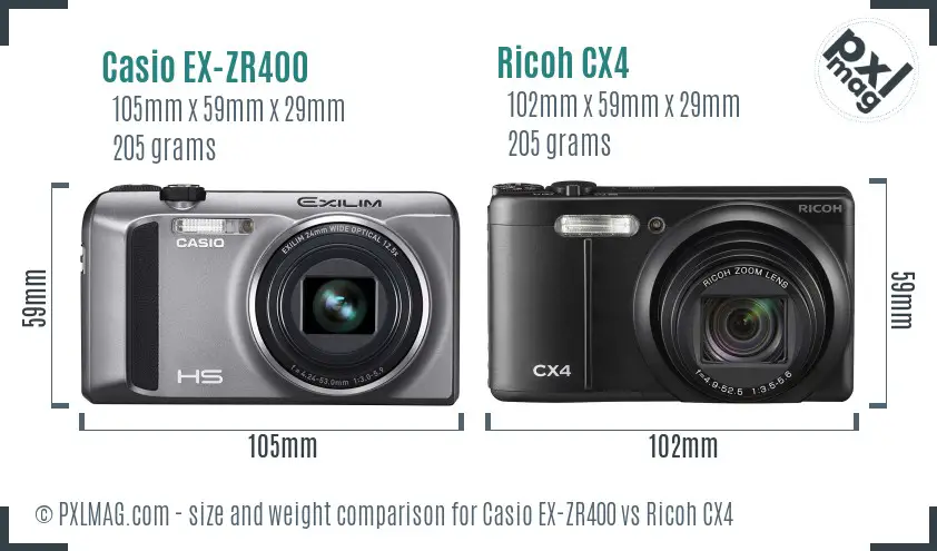 Casio EX-ZR400 vs Ricoh CX4 size comparison Casio EX-ZR400 vs Ricoh CX4 size comparison