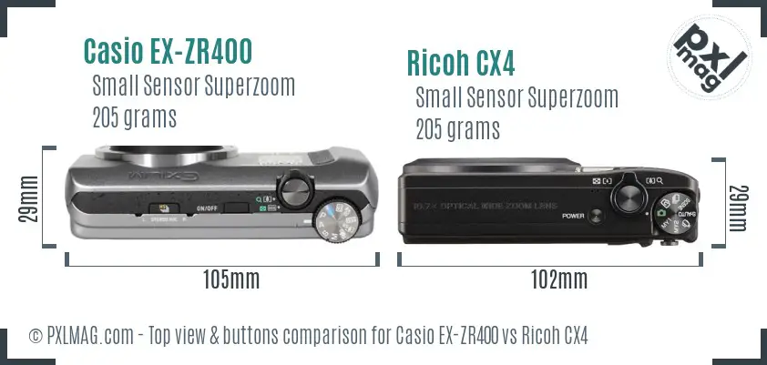 Casio EX-ZR400 vs Ricoh CX4 top view buttons comparison Casio EX-ZR400 vs Ricoh CX4 top view buttons comparison