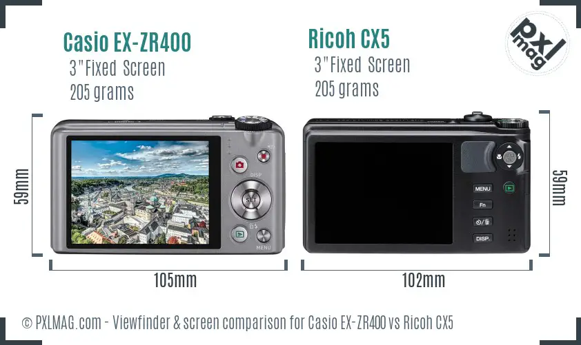 Casio EX-ZR400 vs Ricoh CX5 Screen and Viewfinder comparison