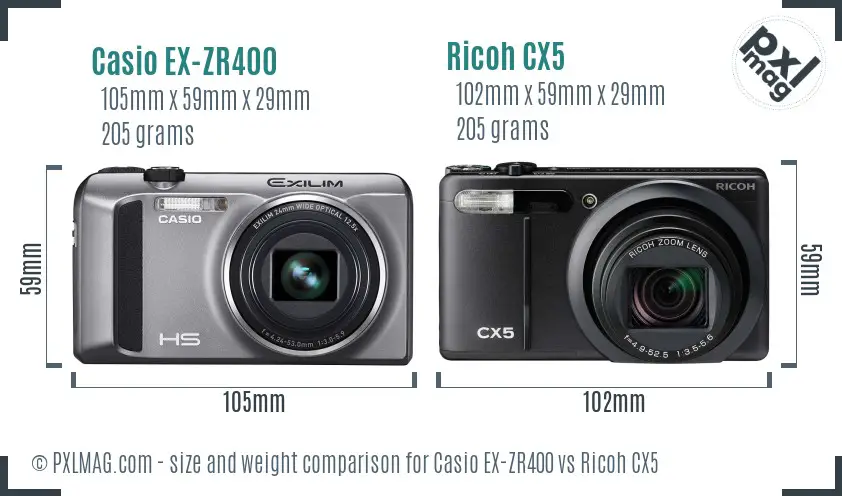 Casio EX-ZR400 vs Ricoh CX5 size comparison