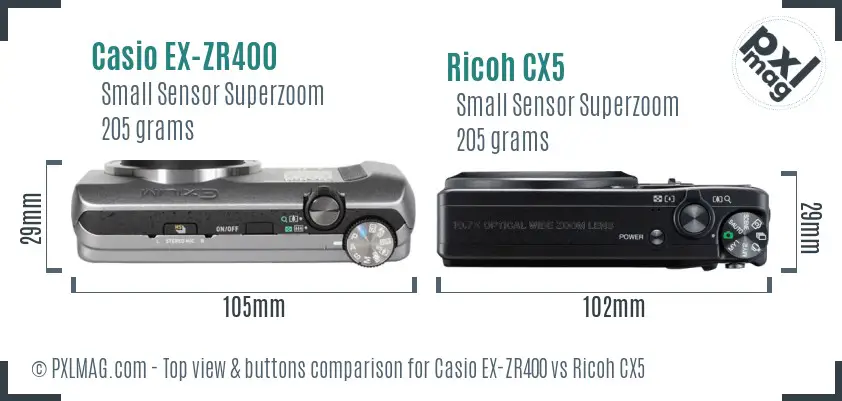 Casio EX-ZR400 vs Ricoh CX5 top view buttons comparison