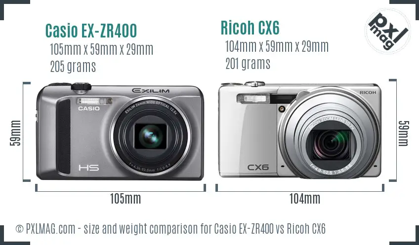 Casio EX-ZR400 vs Ricoh CX6 size comparison Casio EX-ZR400 vs Ricoh CX6 size comparison