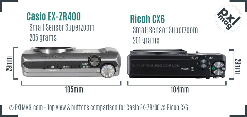 Casio EX-ZR400 vs Ricoh CX6 top view buttons comparison Casio EX-ZR400 vs Ricoh CX6 top view buttons comparison
