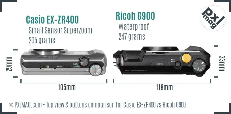 Casio EX-ZR400 vs Ricoh G900 top view buttons comparison Casio EX-ZR400 vs Ricoh G900 top view buttons comparison