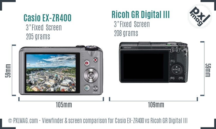 Casio EX-ZR400 vs Ricoh GR Digital III Screen and Viewfinder comparison