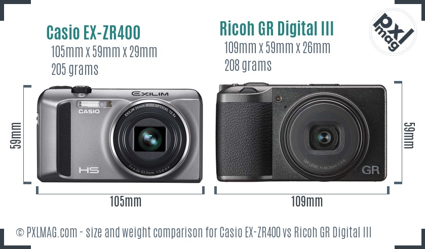 Casio EX-ZR400 vs Ricoh GR Digital III size comparison Casio EX-ZR400 vs Ricoh GR Digital III size comparison