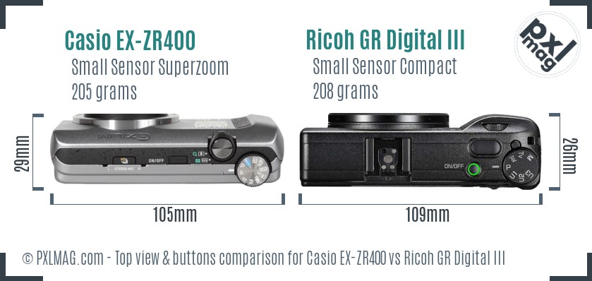 Casio EX-ZR400 vs Ricoh GR Digital III top view buttons comparison