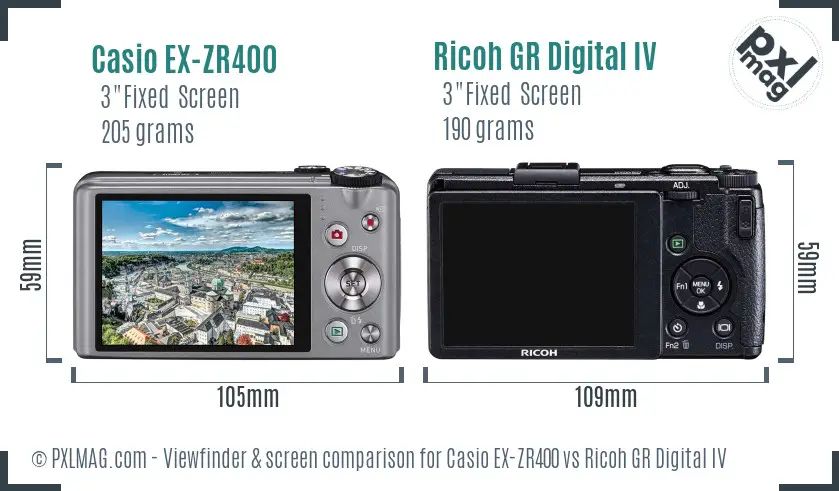 Casio EX-ZR400 vs Ricoh GR Digital IV Screen and Viewfinder comparison