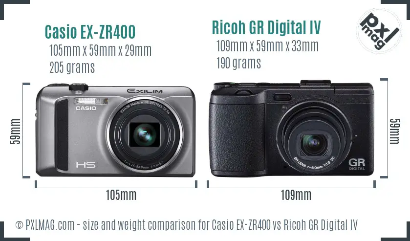 Casio EX-ZR400 vs Ricoh GR Digital IV size comparison