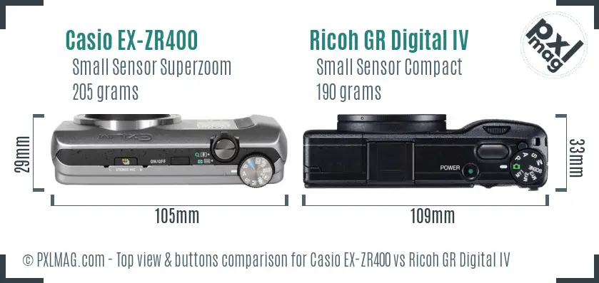 Casio EX-ZR400 vs Ricoh GR Digital IV top view buttons comparison