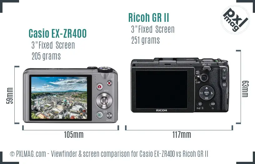 Casio EX-ZR400 vs Ricoh GR II Screen and Viewfinder comparison