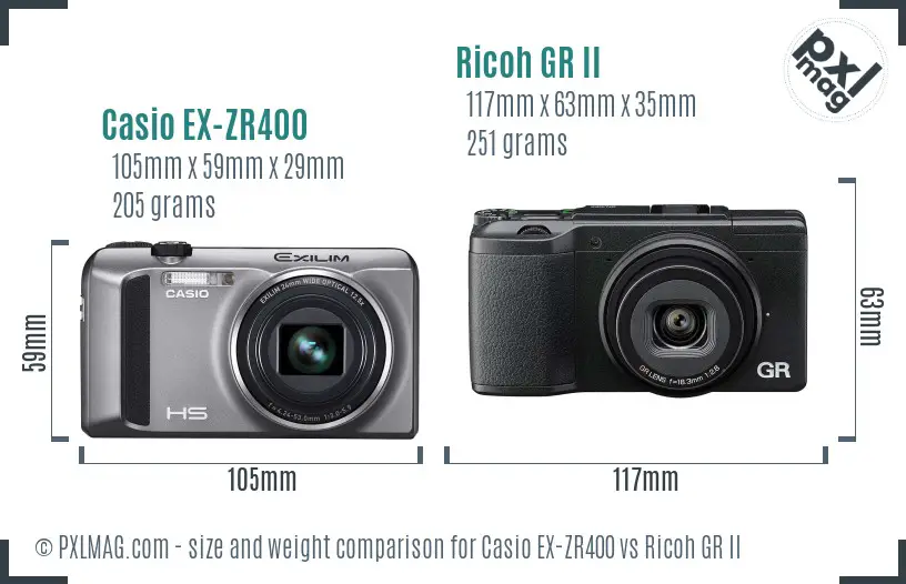 Casio EX-ZR400 vs Ricoh GR II size comparison