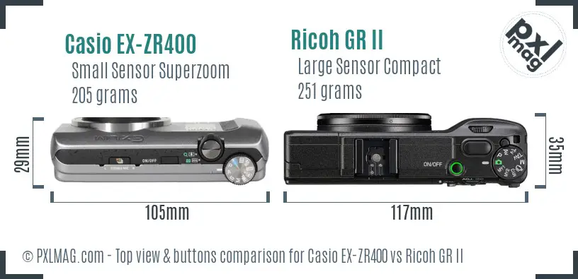 Casio EX-ZR400 vs Ricoh GR II top view buttons comparison