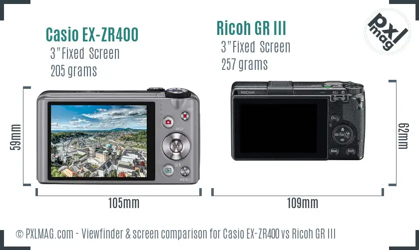 Casio EX-ZR400 vs Ricoh GR III Screen and Viewfinder comparison