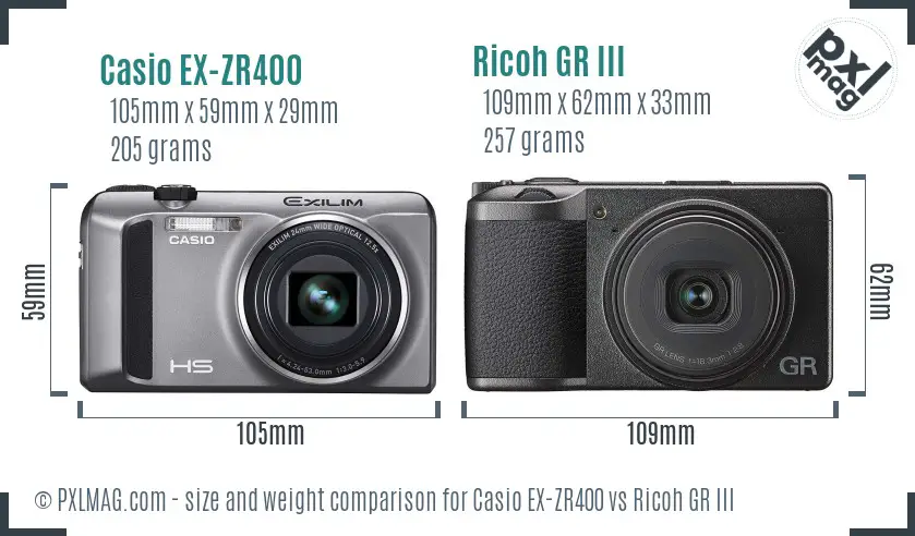 Casio EX-ZR400 vs Ricoh GR III size comparison