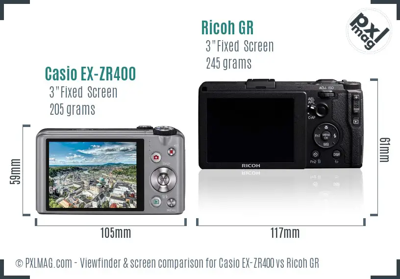 Casio EX-ZR400 vs Ricoh GR Screen and Viewfinder comparison