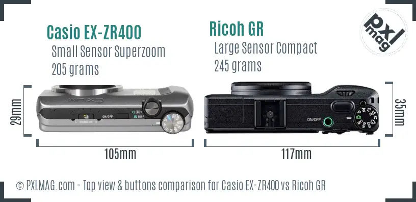 Casio EX-ZR400 vs Ricoh GR top view buttons comparison