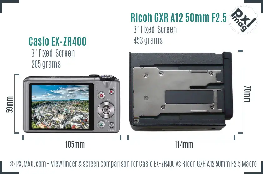 Casio EX-ZR400 vs Ricoh GXR A12 50mm F2.5 Macro Screen and Viewfinder comparison