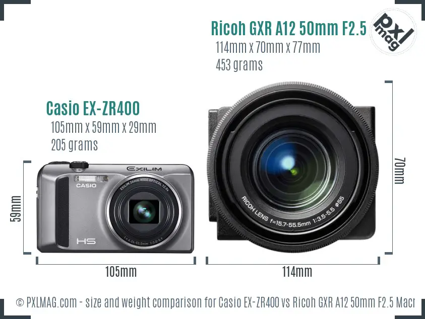 Casio EX-ZR400 vs Ricoh GXR A12 50mm F2.5 Macro size comparison