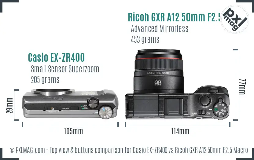 Casio EX-ZR400 vs Ricoh GXR A12 50mm F2.5 Macro top view buttons comparison