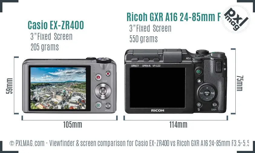 Casio EX-ZR400 vs Ricoh GXR A16 24-85mm F3.5-5.5 Screen and Viewfinder comparison