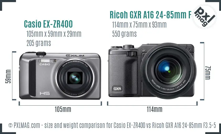 Casio EX-ZR400 vs Ricoh GXR A16 24-85mm F3.5-5.5 size comparison