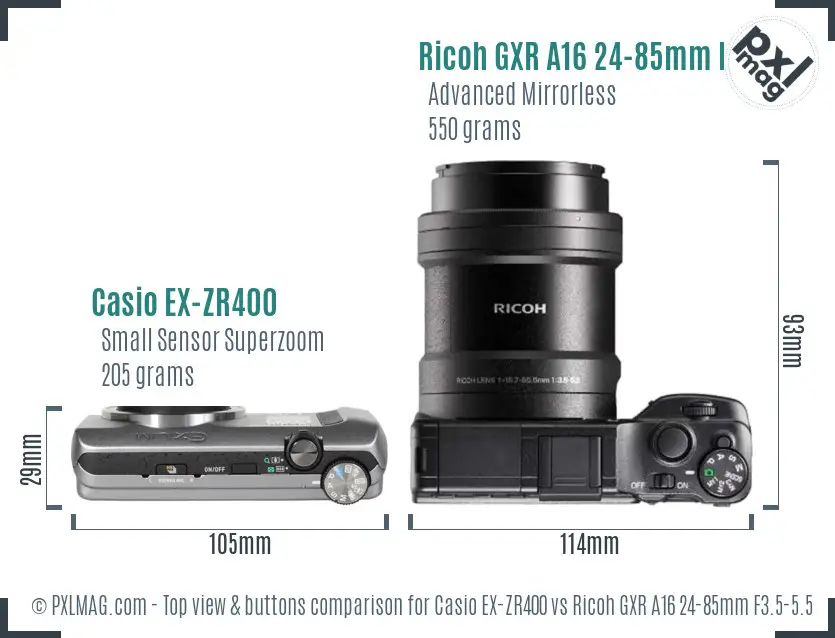 Casio EX-ZR400 vs Ricoh GXR A16 24-85mm F3.5-5.5 top view buttons comparison