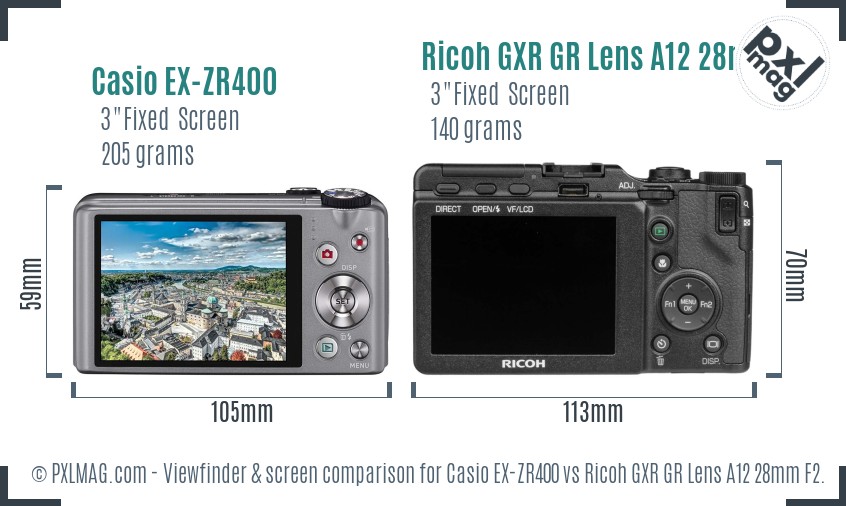 Casio EX-ZR400 vs Ricoh GXR GR Lens A12 28mm F2.5 Screen and Viewfinder comparison