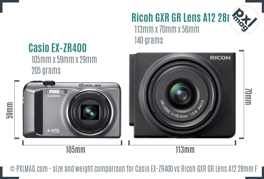 Casio EX-ZR400 vs Ricoh GXR GR Lens A12 28mm F2.5 size comparison