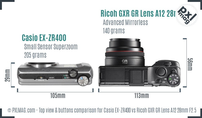 Casio EX-ZR400 vs Ricoh GXR GR Lens A12 28mm F2.5 top view buttons comparison