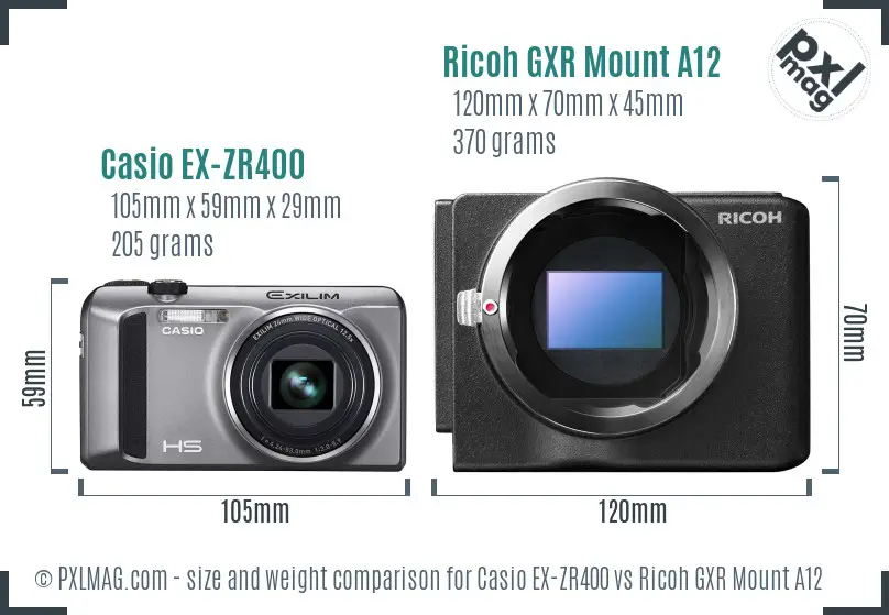 Casio EX-ZR400 vs Ricoh GXR Mount A12 size comparison