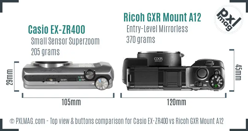 Casio EX-ZR400 vs Ricoh GXR Mount A12 top view buttons comparison