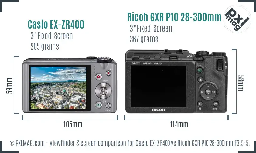 Casio EX-ZR400 vs Ricoh GXR P10 28-300mm F3.5-5.6 VC Screen and Viewfinder comparison