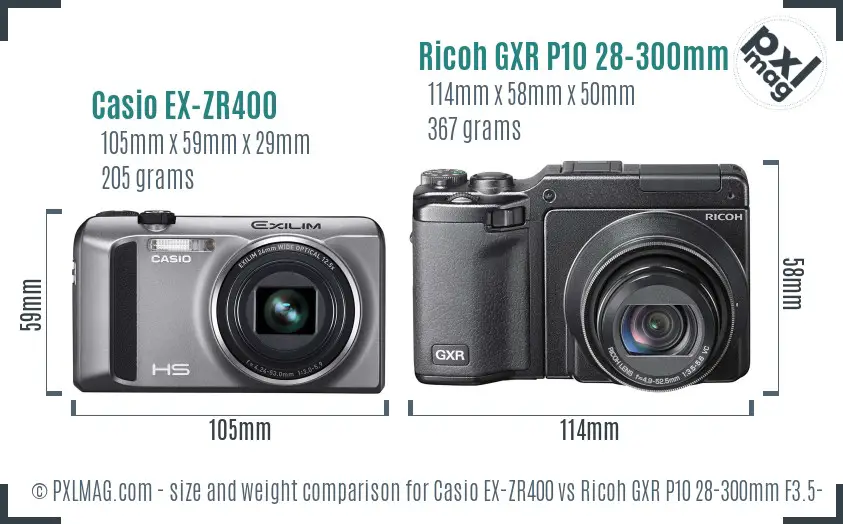 Casio EX-ZR400 vs Ricoh GXR P10 28-300mm F3.5-5.6 VC size comparison
