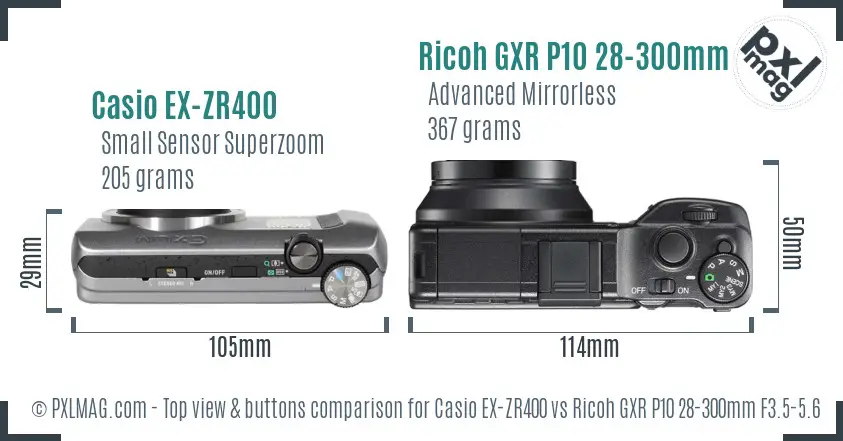 Casio EX-ZR400 vs Ricoh GXR P10 28-300mm F3.5-5.6 VC top view buttons comparison