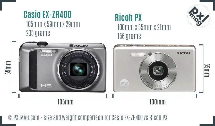 Casio EX-ZR400 vs Ricoh PX size comparison