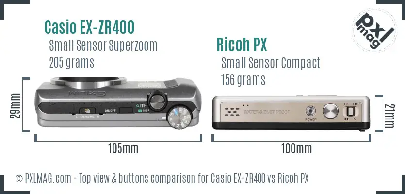 Casio EX-ZR400 vs Ricoh PX top view buttons comparison