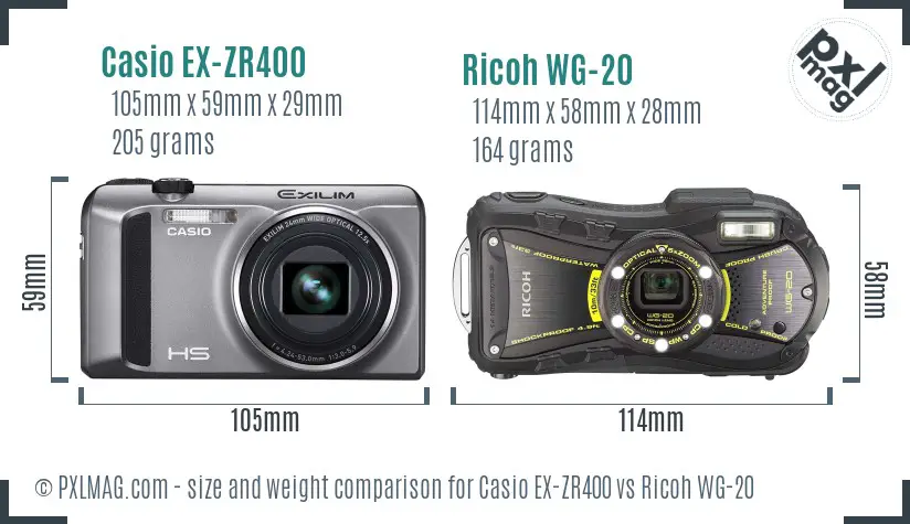 Casio EX-ZR400 vs Ricoh WG-20 size comparison