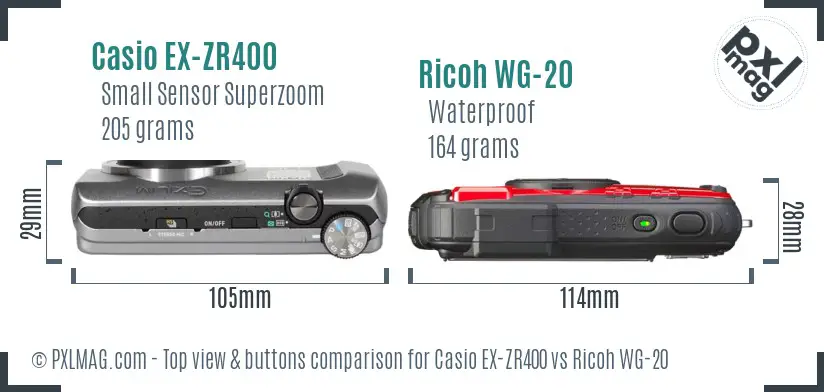 Casio EX-ZR400 vs Ricoh WG-20 top view buttons comparison
