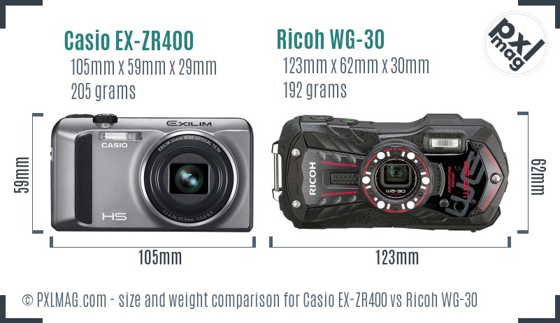 Casio EX-ZR400 vs Ricoh WG-30 size comparison