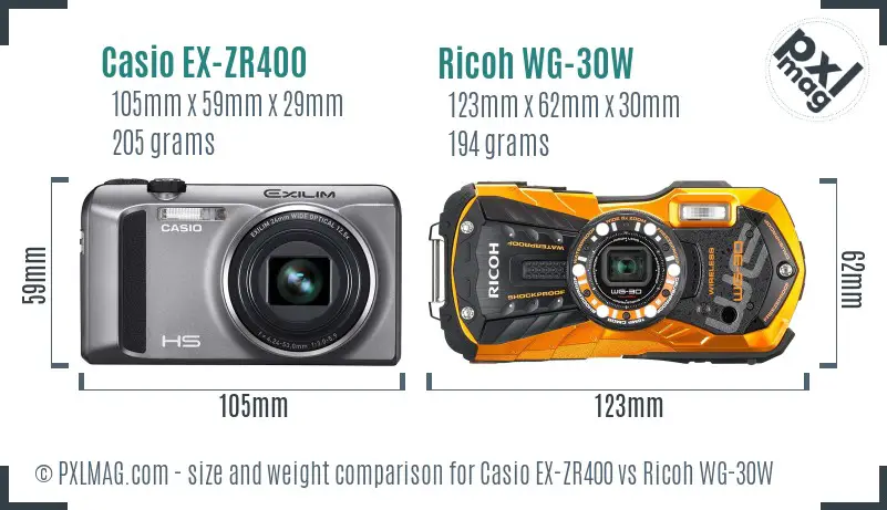 Casio EX-ZR400 vs Ricoh WG-30W size comparison Casio EX-ZR400 vs Ricoh WG-30W size comparison