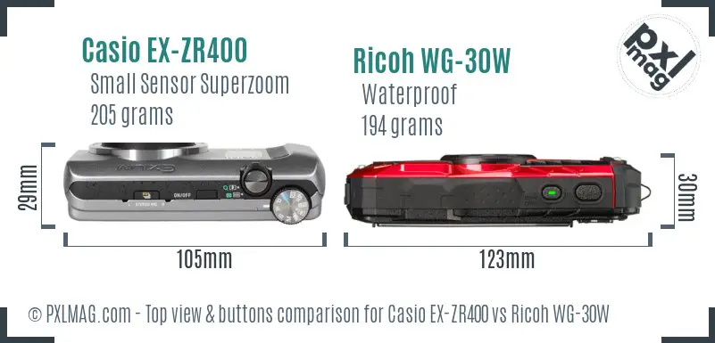 Casio EX-ZR400 vs Ricoh WG-30W top view buttons comparison Casio EX-ZR400 vs Ricoh WG-30W top view buttons comparison