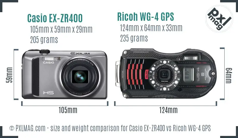 Casio EX-ZR400 vs Ricoh WG-4 GPS size comparison