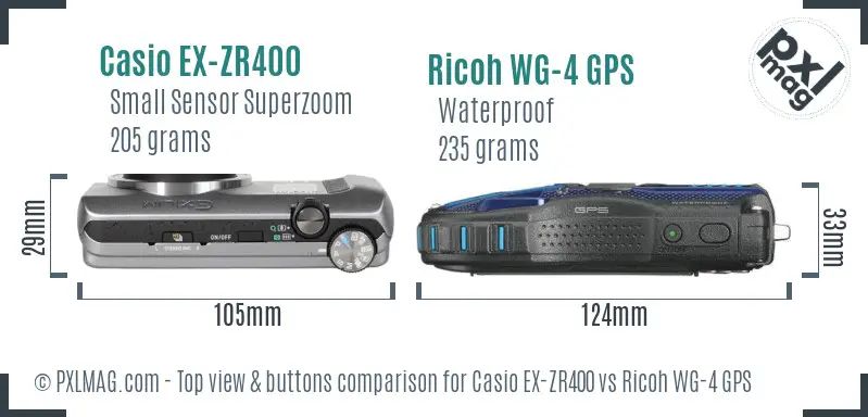 Casio EX-ZR400 vs Ricoh WG-4 GPS top view buttons comparison